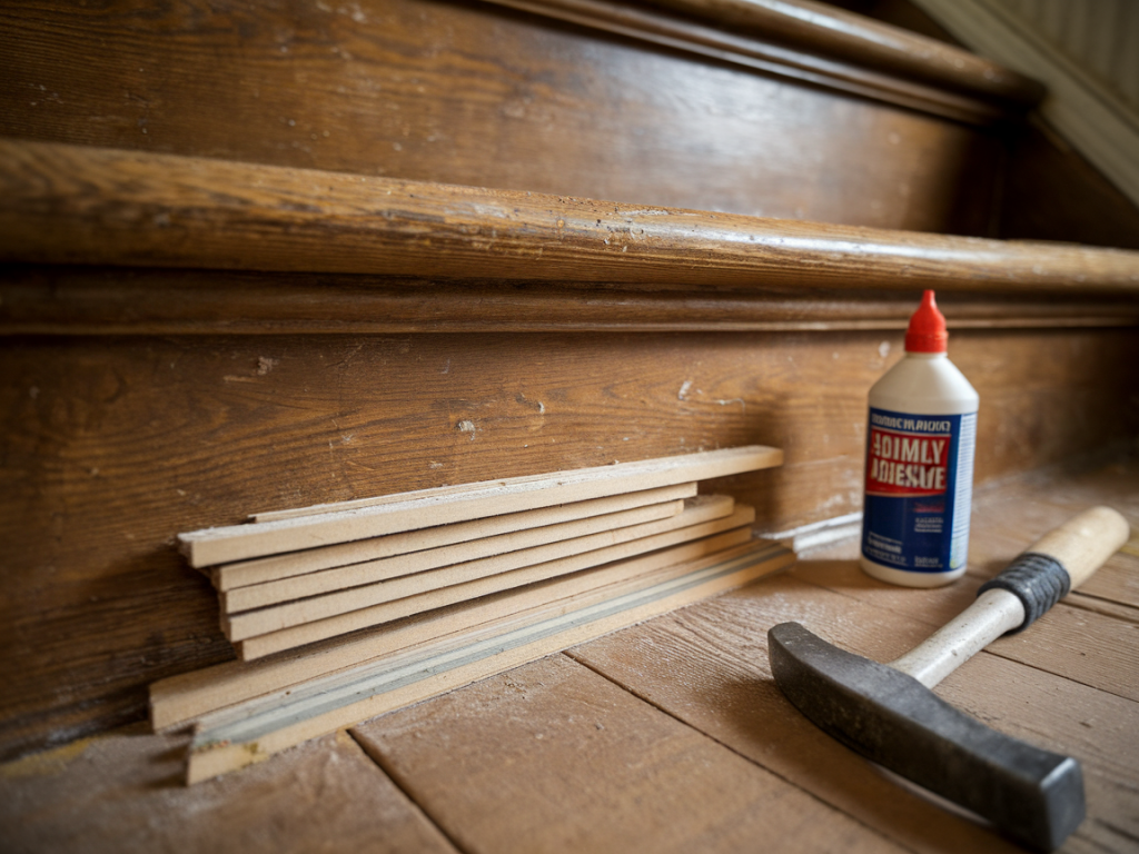 Quietly fix a loose stair tread with a simple shim and adhesive — no power tools needed