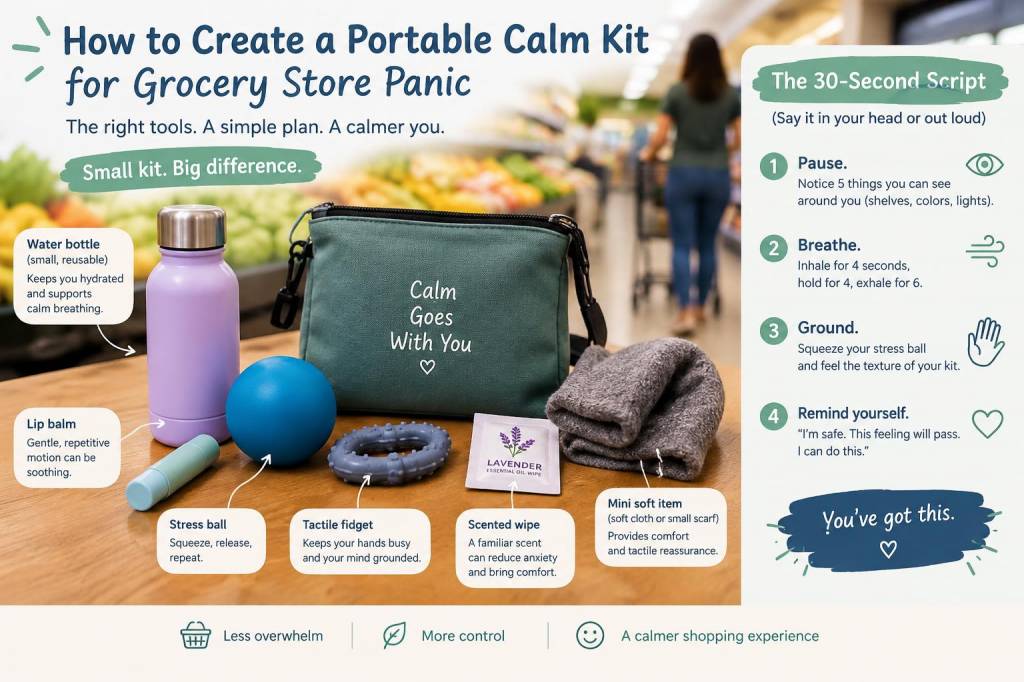 How to create a portable calm kit for grocery-store panic with exact tactile items and a 30-second script